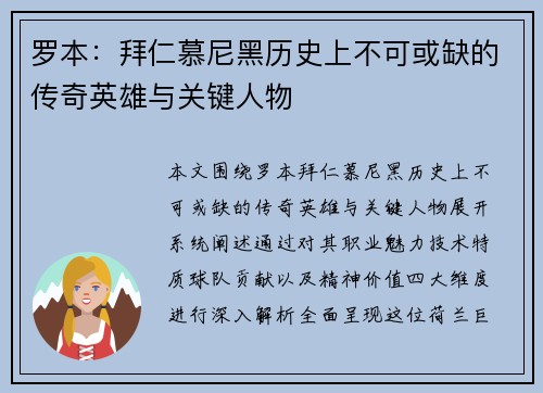 罗本:拜仁慕尼黑历史上不可或缺的传奇英雄与关键人物 罗本:拜仁慕尼黑历史上不可或缺的传奇英雄与关键人物