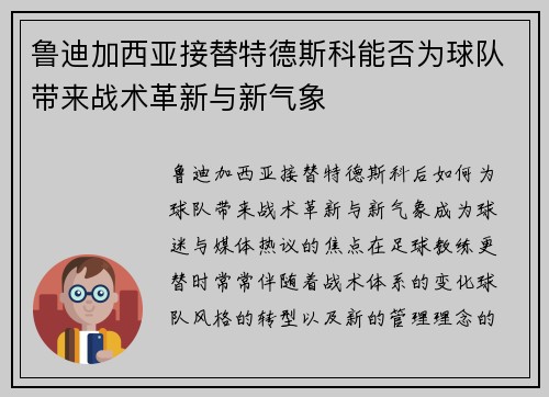 鲁迪加西亚接替特德斯科能否为球队带来战术革新与新气象
