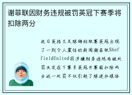 谢菲联因财务违规被罚英冠下赛季将扣除两分